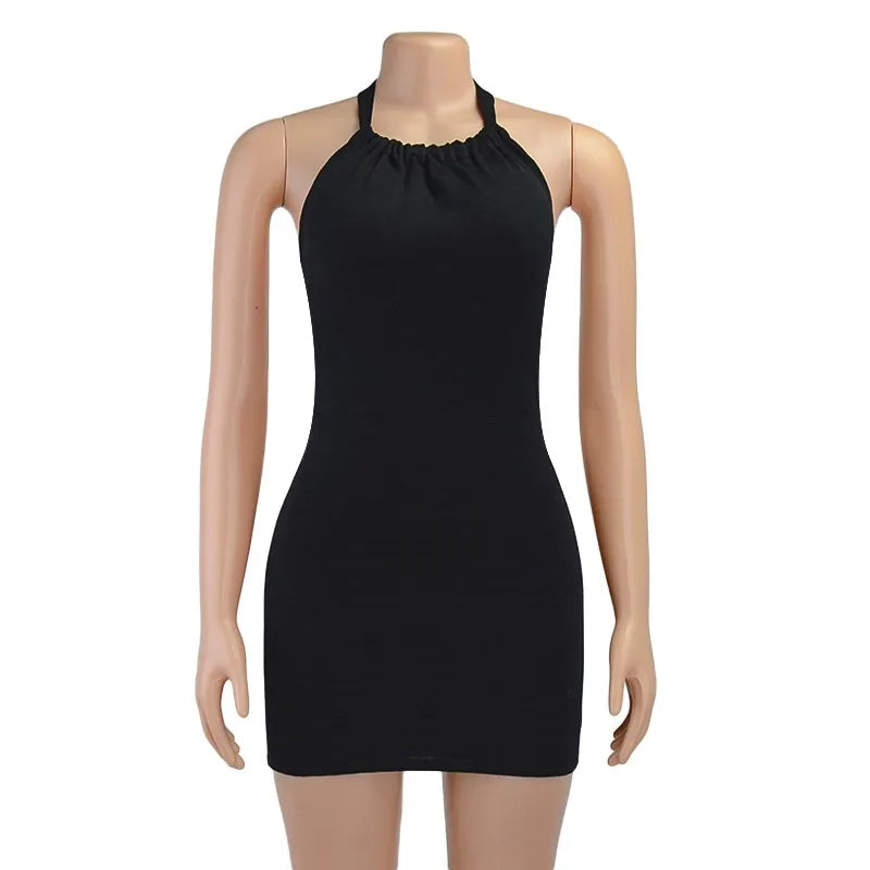 Women Sleeveless Backless Mini Skirt Dress 2023 Y2K Summer Bodycon Hang Neck Elegant Sexy Outfits Ladies Party Club Sundress - Smarsty