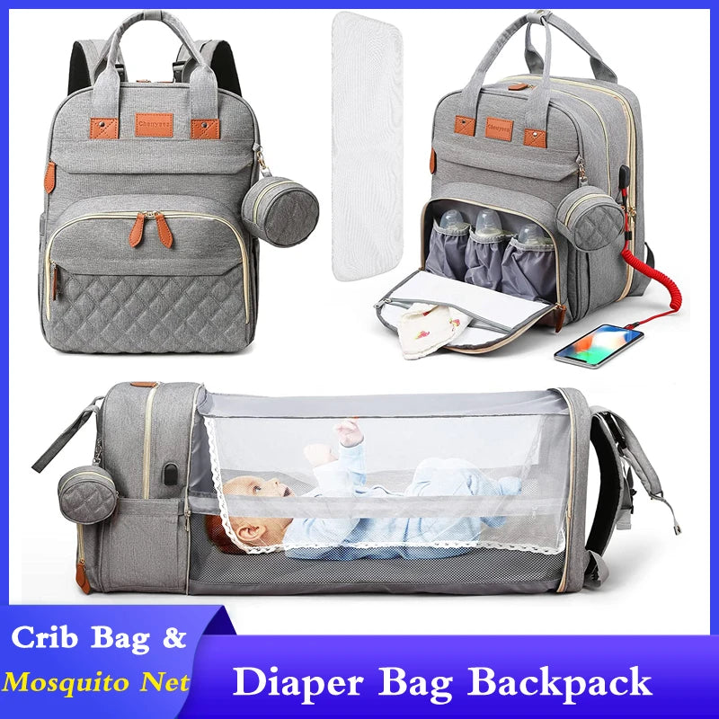 3 In 1 Diaper Bag Backpack Foldable Baby Bed Waterproof Travel Bag with USB Charge Diaper Bag Backpack with Changing Bed 3 types by Smarsty