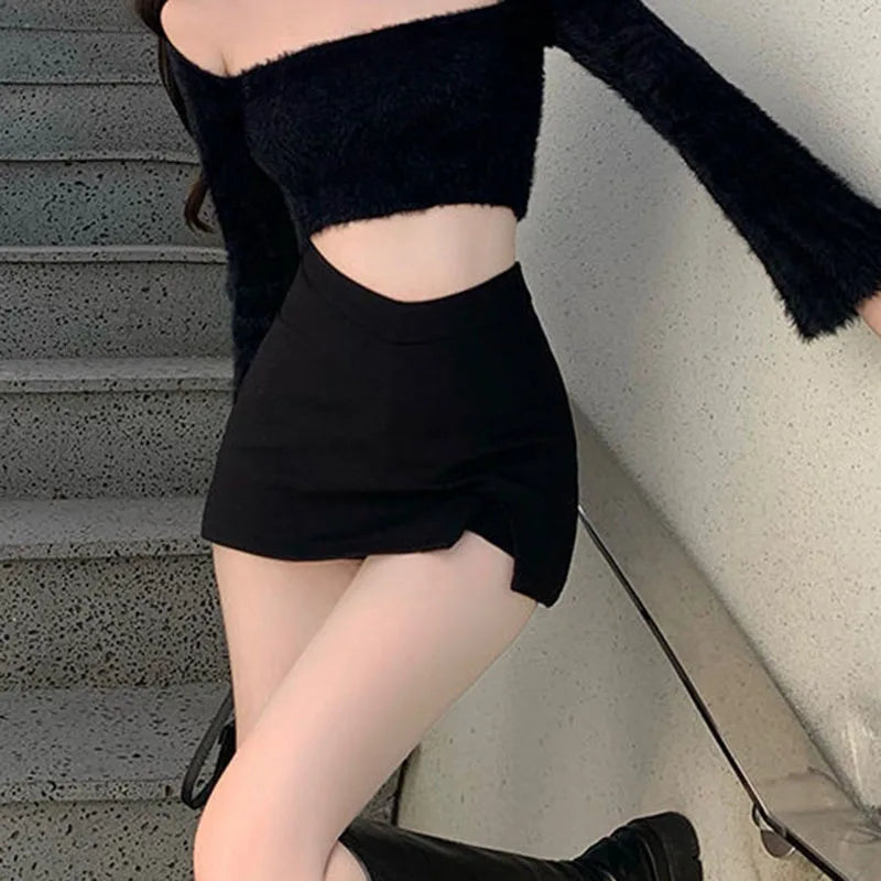 Black Split Mini Skirts Women Summer Sexy Club High Waist Slit Skirt Streetwear Korean Party Fashion Irregular Slim A Line Skirt - Smarsty