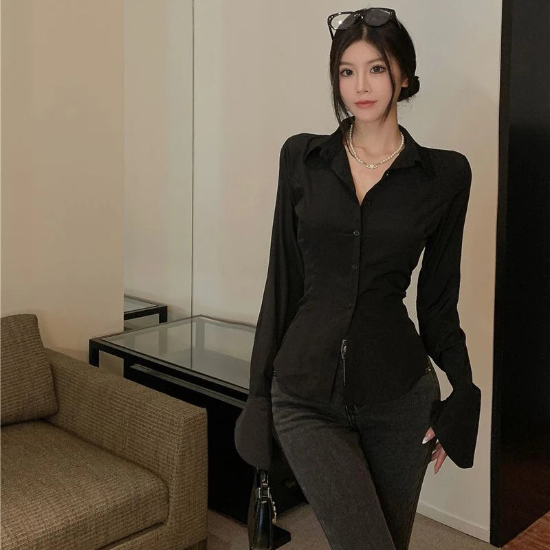 Gidyq Fashion Women Bandage Shirts Korean All Match Streetwear Female Slim Blouse Spring Casual White Bell Sleeve Shirt New - Smarsty