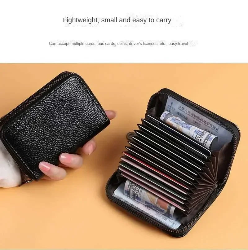 Multi Slot Card Holder Vintage Small Wallet Women Men Business Bank Credit Card Bag Male Coin Pouch Solid Leather Zipper Wallet - Smarsty