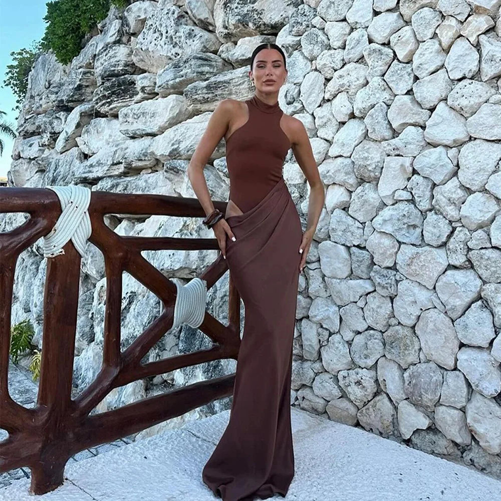 JULISSA MO Satin Sexy Hollow Out Women Maxi Dress Black Sleeveless High Waist Dress Female Autumn Skinny Elegant Party Clubwear - Smarsty
