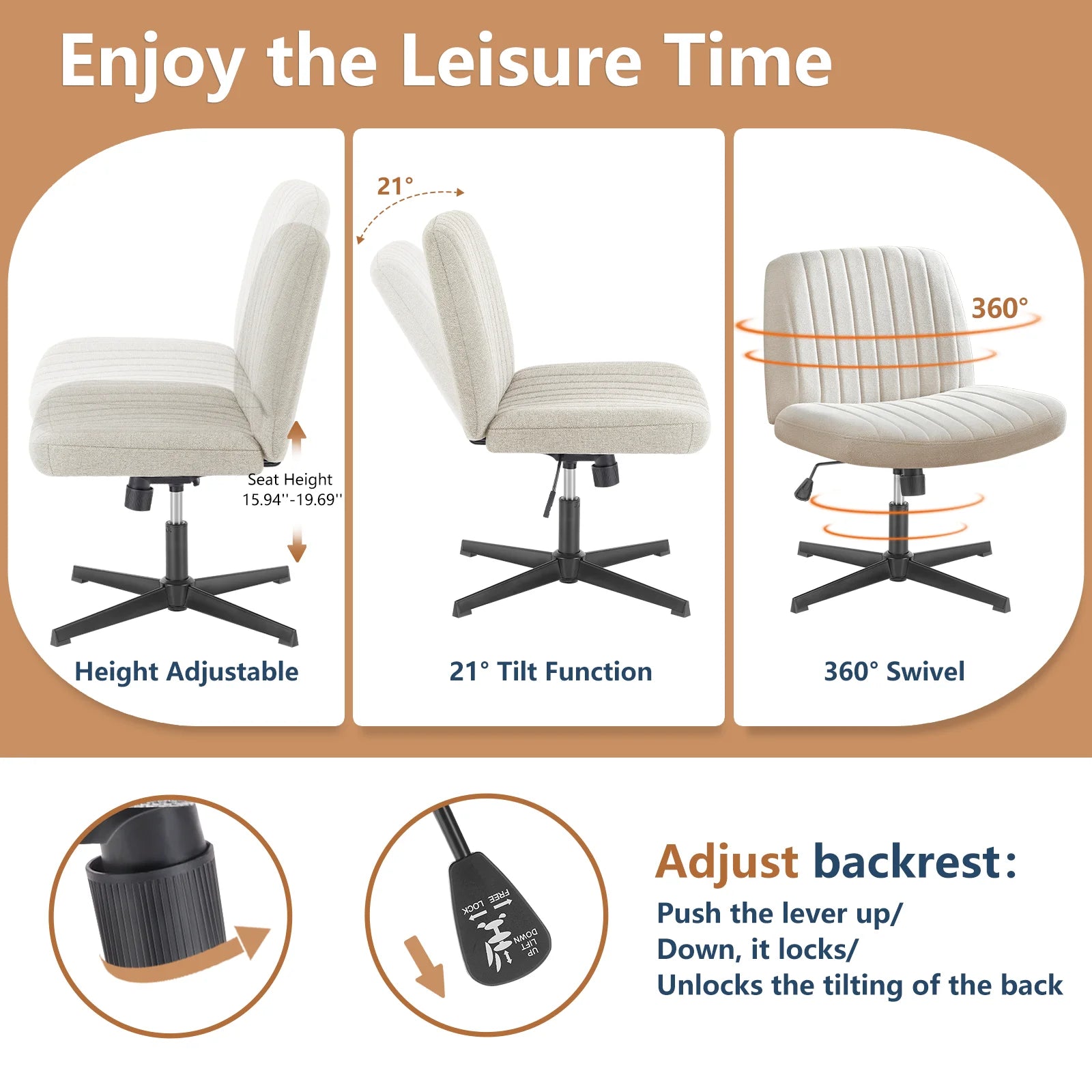 Cross Legged Office Living Room Rocking Gaming Chair Armless Wide Desk Adjustable Swivel Fabric Task Vanity Home Office