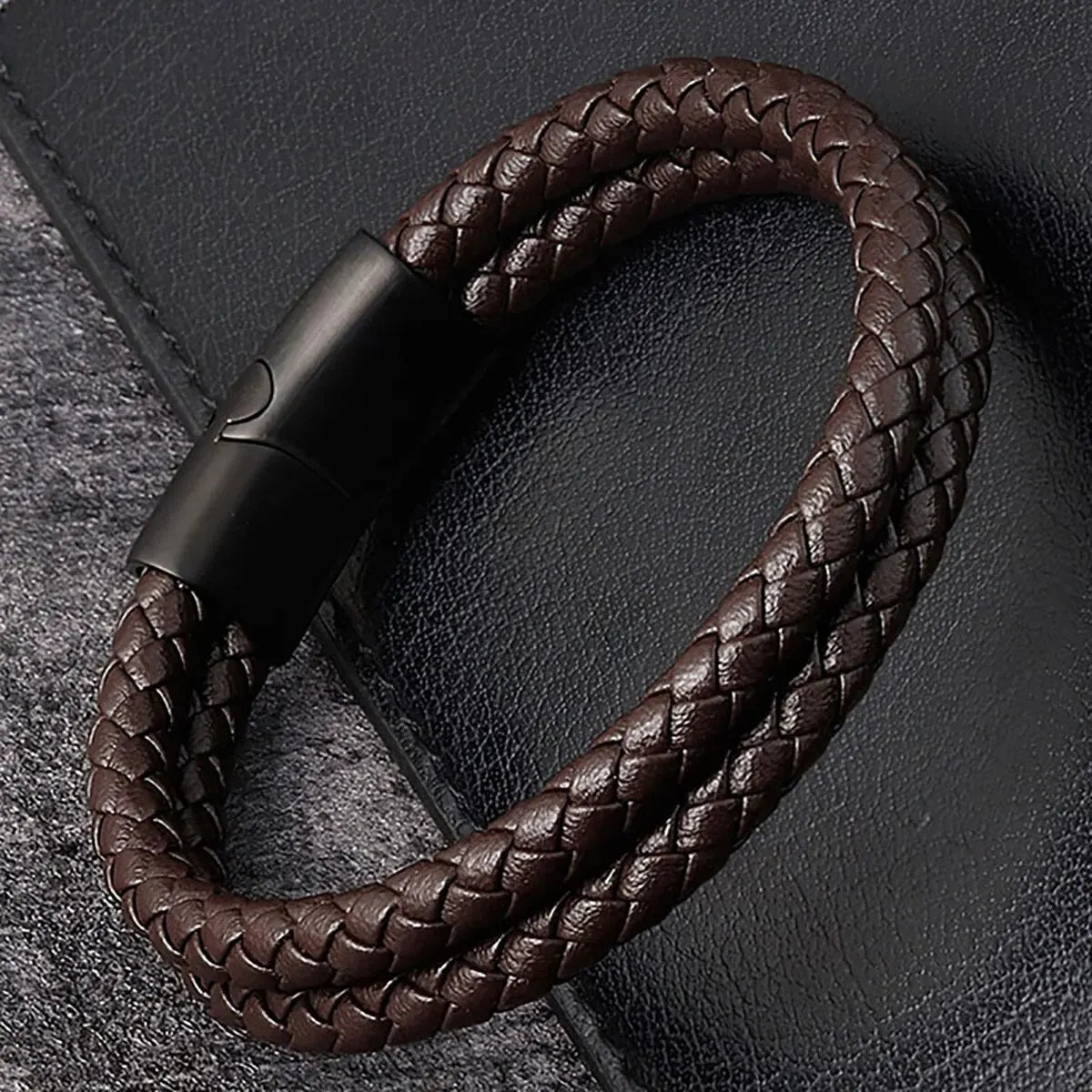 Mens Braided Leather Bracelet Double Band Bangle - Smarsty