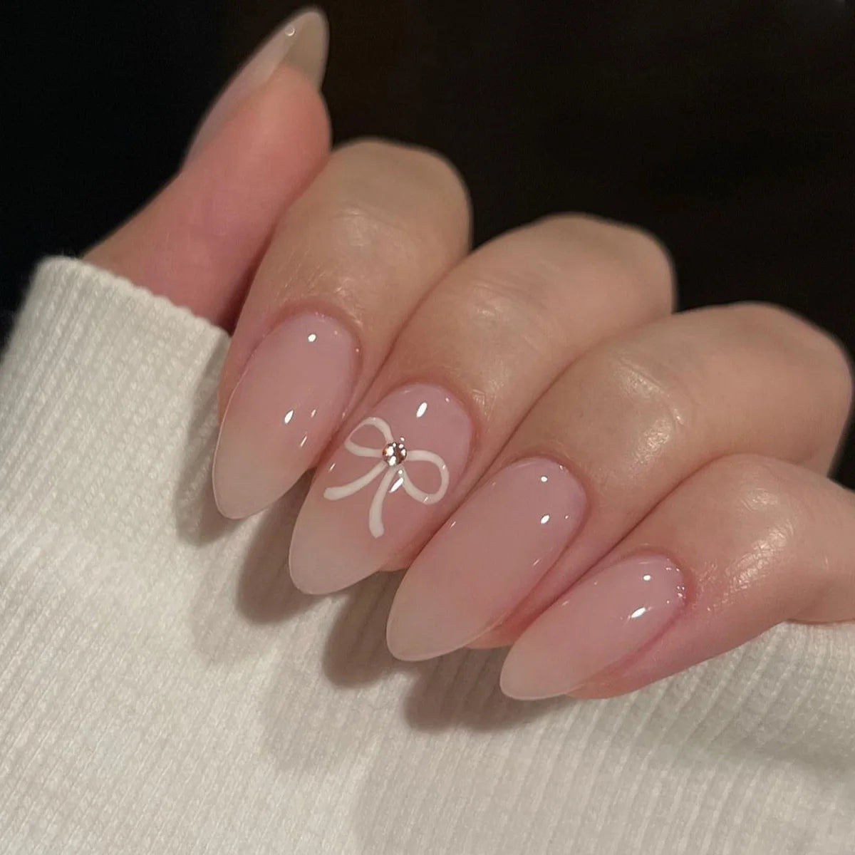 24Pcs French Fake Nails with Pink Bow Design - Smarsty