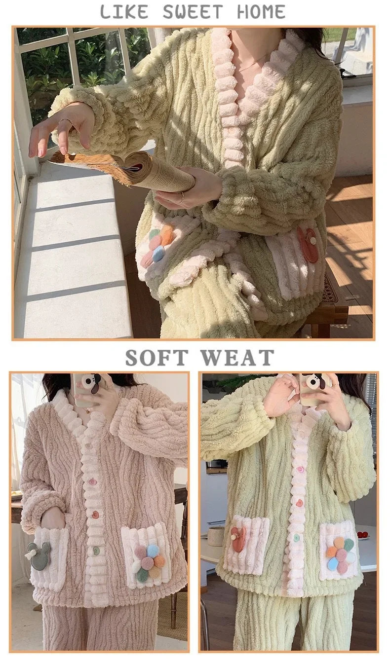 Thickened Warm Flannel Women Sleepwear Loungewear Cardigan Suit Winter Sweet Kawaii Soft Fairy Wind Ladies Pajamas Homewear - Smarsty