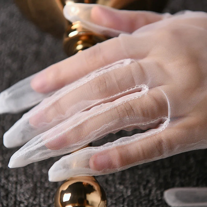 Women Lace Tulle Gloves Stretchy Full Finger Wedding Gloves - Smarsty