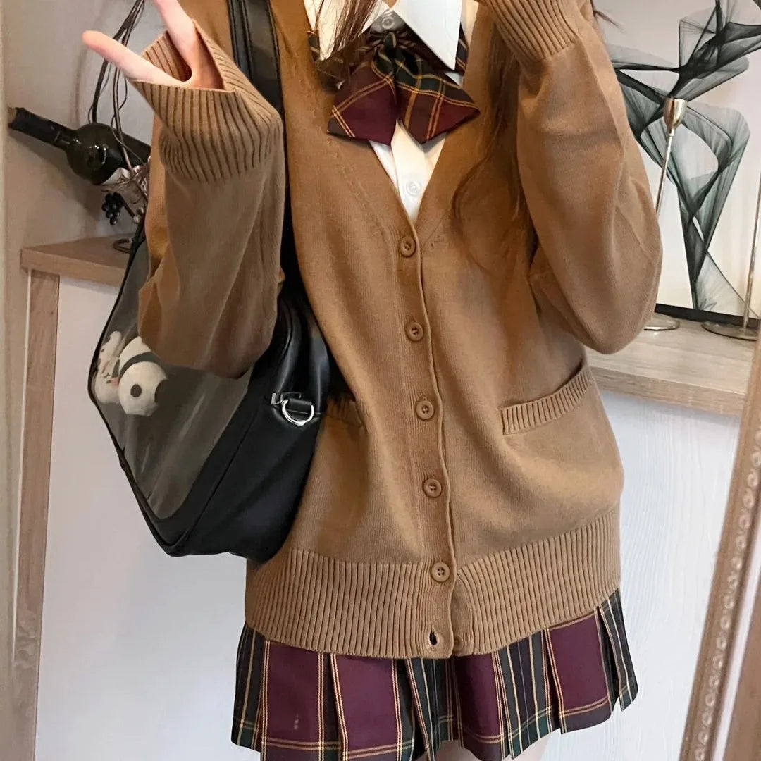 Japanese fashion solid color V-neck knitted sweater,original newJK uniform cardigan top,autumn and winter women's cotton sweater - Smarsty