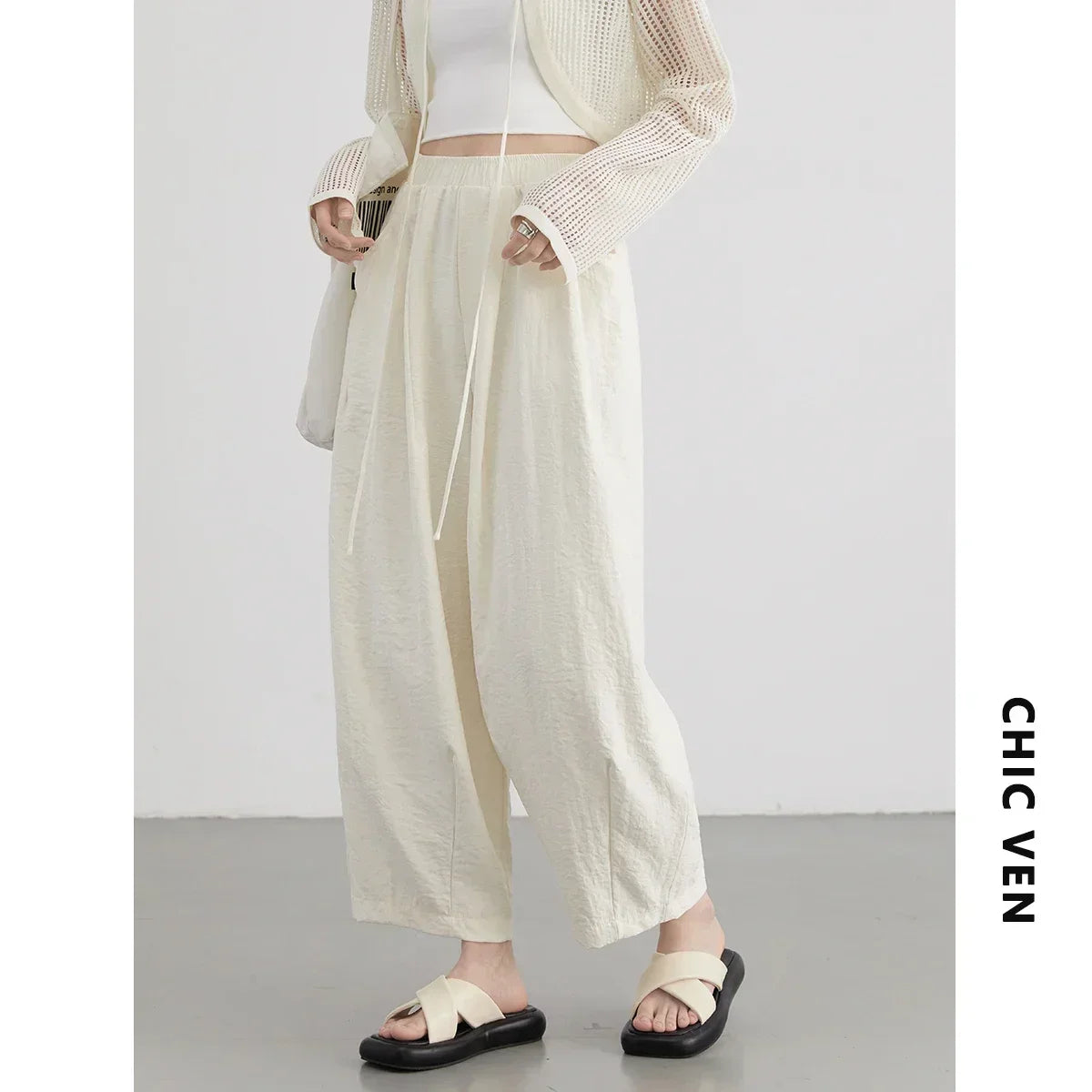 CHIC VEN Women White Pants Solid Casual Elastic Waist High Waisted Pleated Wide Leg Female Trousers Fold Summer 2025 Clothing - Smarsty