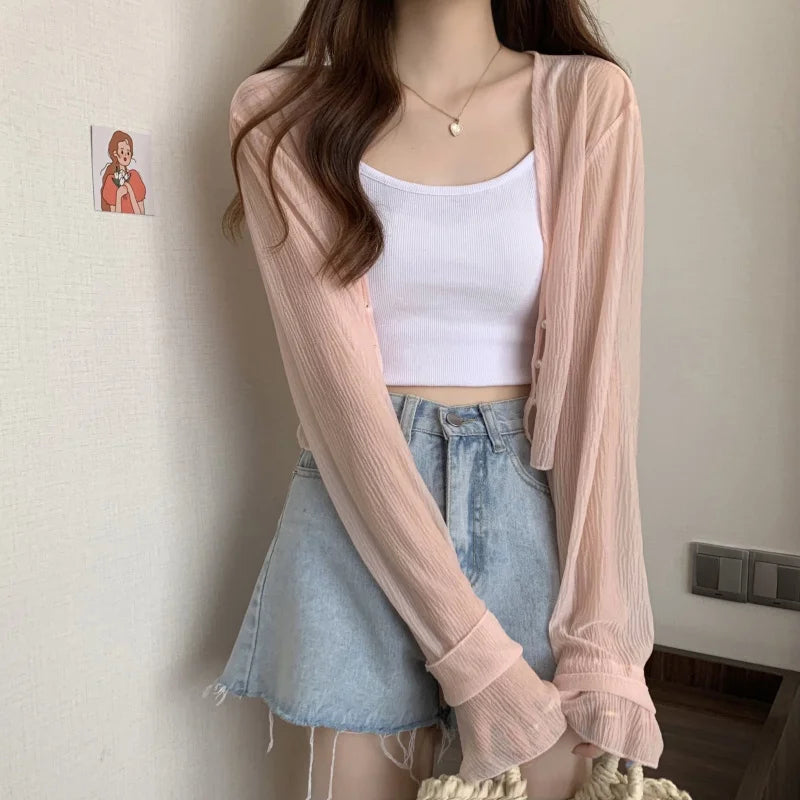 2025 Fairy Style Solid Cardigan Women Summer New Long Sleeve Sunscreen Sweet Beading V-neck Basics Loose Chiffon Cardigan - Smarsty