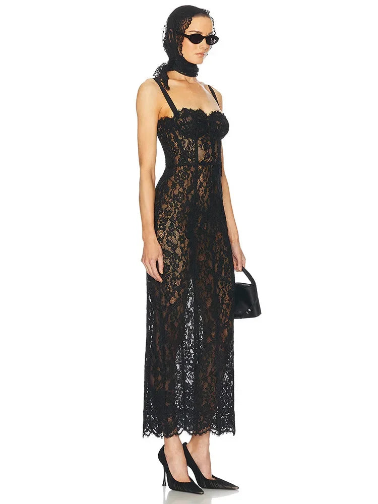 Sexy Spaghetti Strap Square Neck Lace Long Dress Women Black Floral Lace Sleeveless Bodycon Dresses Elegant Evening Celebrity