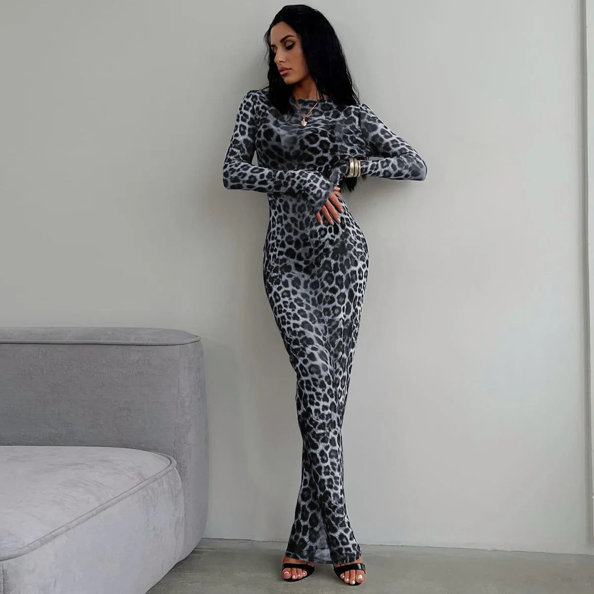 Hugcitar Leopard Print Mesh Long Sleeve Sexy Slim See Through Maxi Dress Fall Women Fashion Outfits Beach Vacation Club