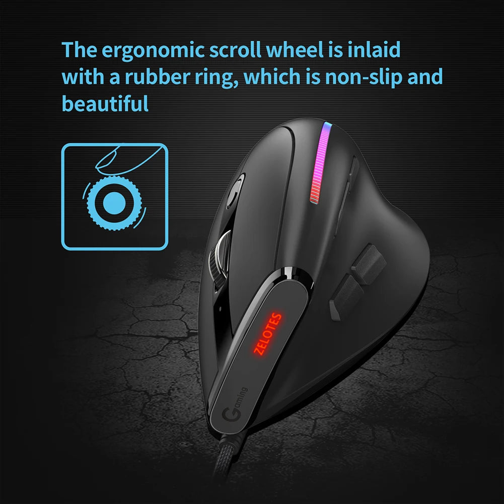 ZELOTES T-50 Ergonomic Wired Vertical RGB Mouse 12800 DPI Adjustable for PC Computer Gaming USB Wired Vertical Optical Mouse