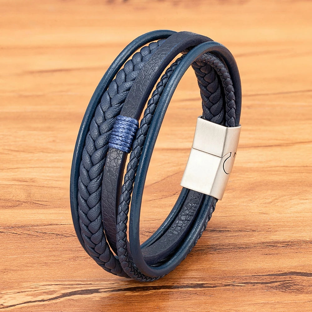 Mens Leather Bracelet Magnetic Buckle Multilayer Bangles - Smarsty