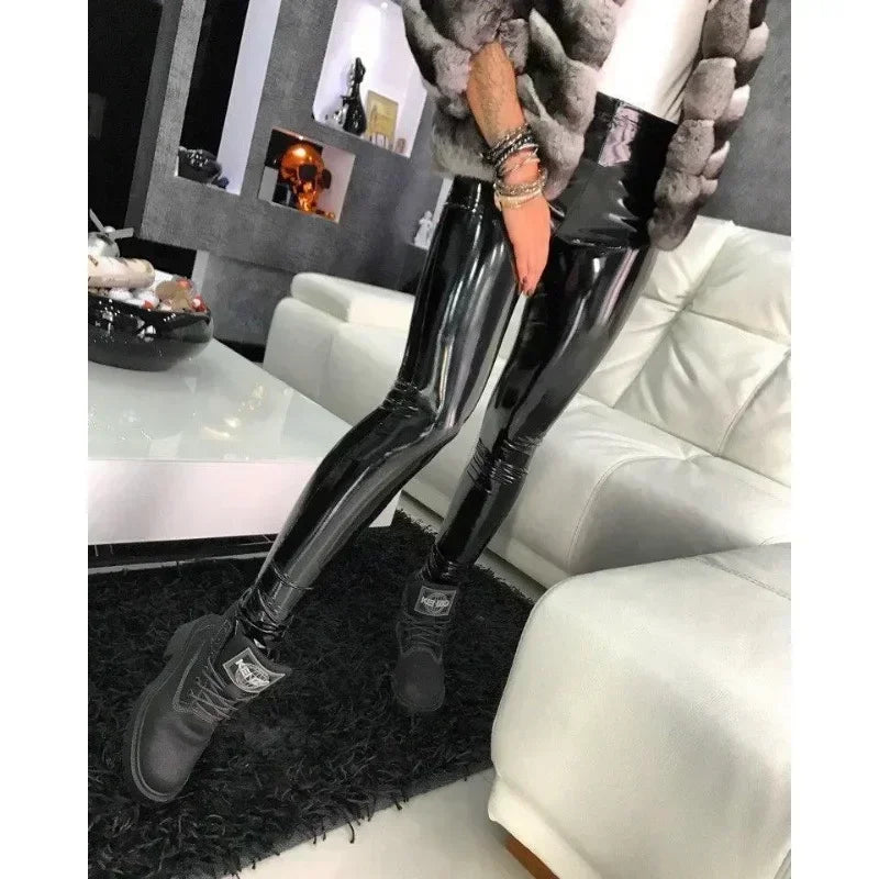 Sexy Black PU Leather Tights Women High Waist Pants High Elastic Slim Fashion Hip Liftting Leggings Skinny Plus Size Tights - Smarsty