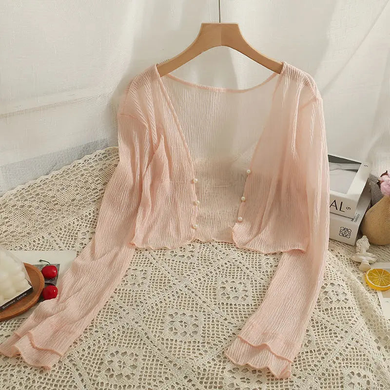 2025 Fairy Style Solid Cardigan Women Summer New Long Sleeve Sunscreen Sweet Beading V-neck Basics Loose Chiffon Cardigan - Smarsty