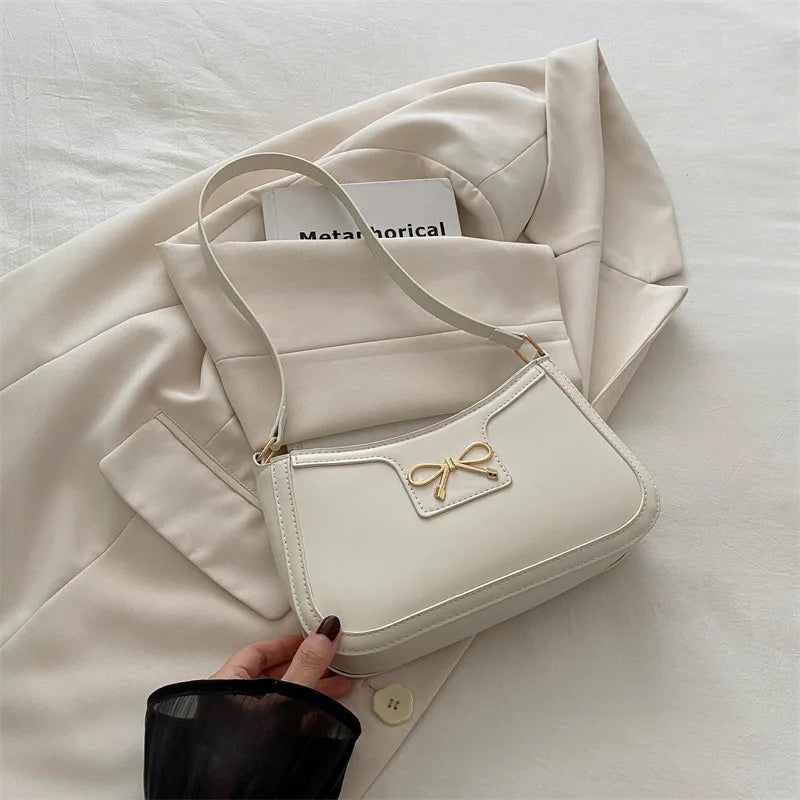 Metal Bow Shoulder Bag For Women With Classic Baguette - Smarsty