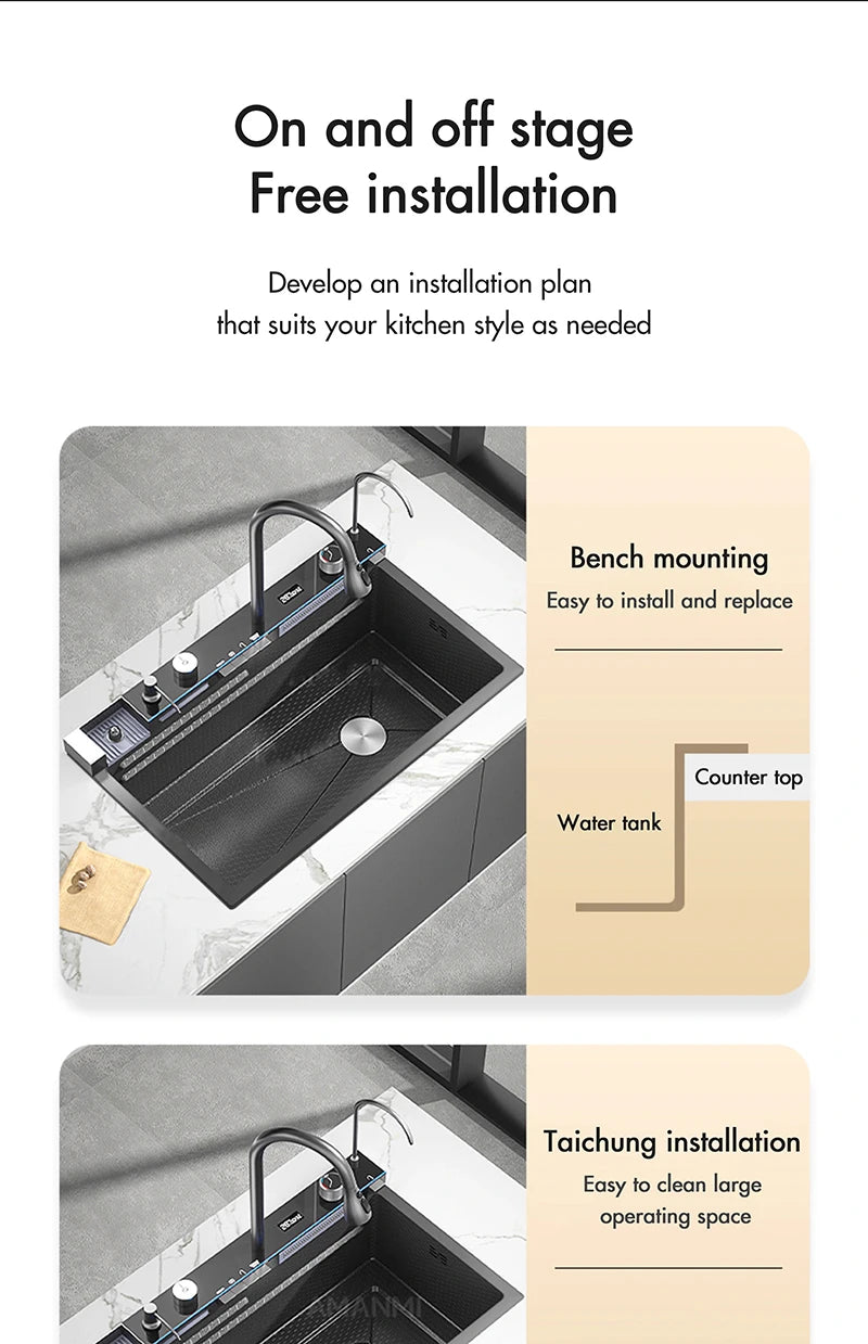 Large Stainless Steel Kitchen Sink with Digital Faucet Display - Smarsty