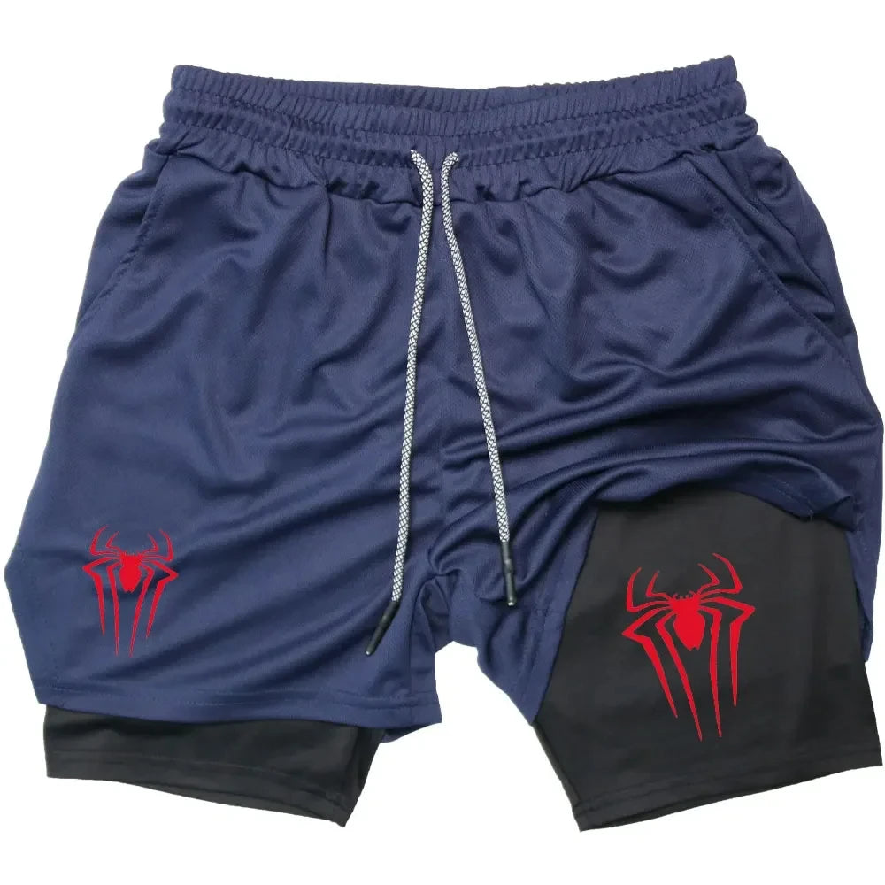 Y2K Performance Shorts Men Spider Printed GYM Casual Sports Compression Shorts Workout Running Mesh 2 In 1 Sport Short Pants - Smarsty