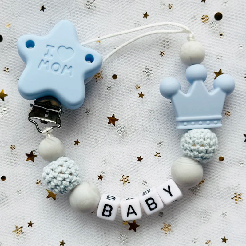 NEW Custom Personalized Name Pacifier Clip Handmade Beech Wooden Chain Silicone Crown Holder Soother Baby Teething Toy Chew Gift by Smarsty