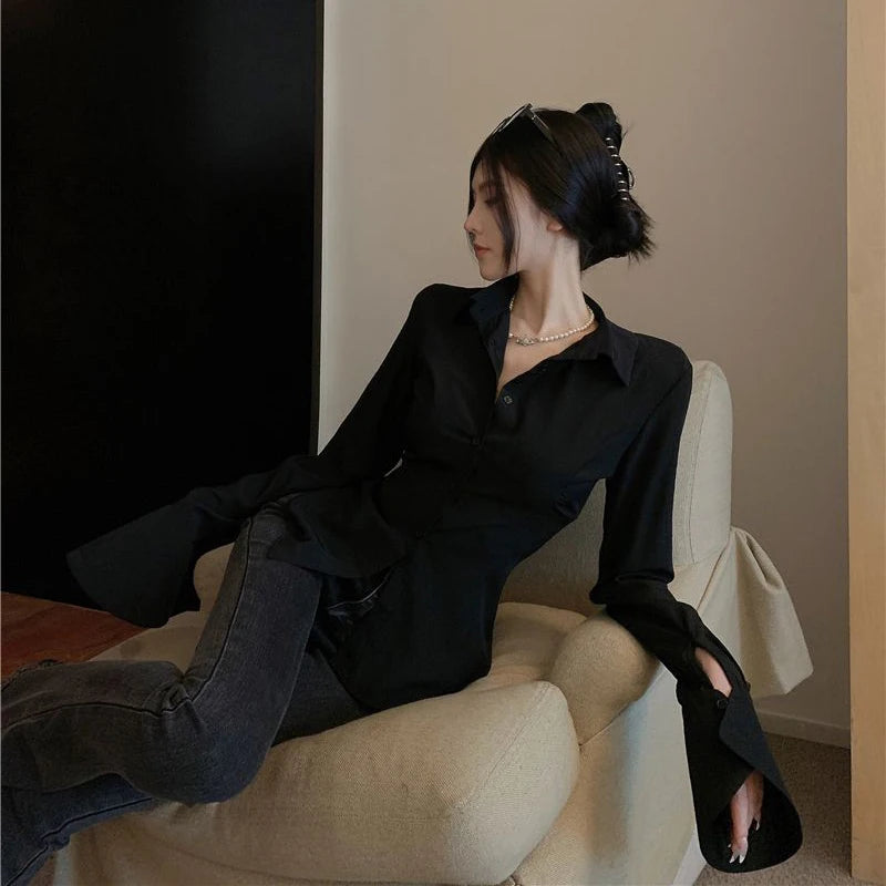 Gidyq Fashion Women Bandage Shirts Korean All Match Streetwear Female Slim Blouse Spring Casual White Bell Sleeve Shirt New - Smarsty