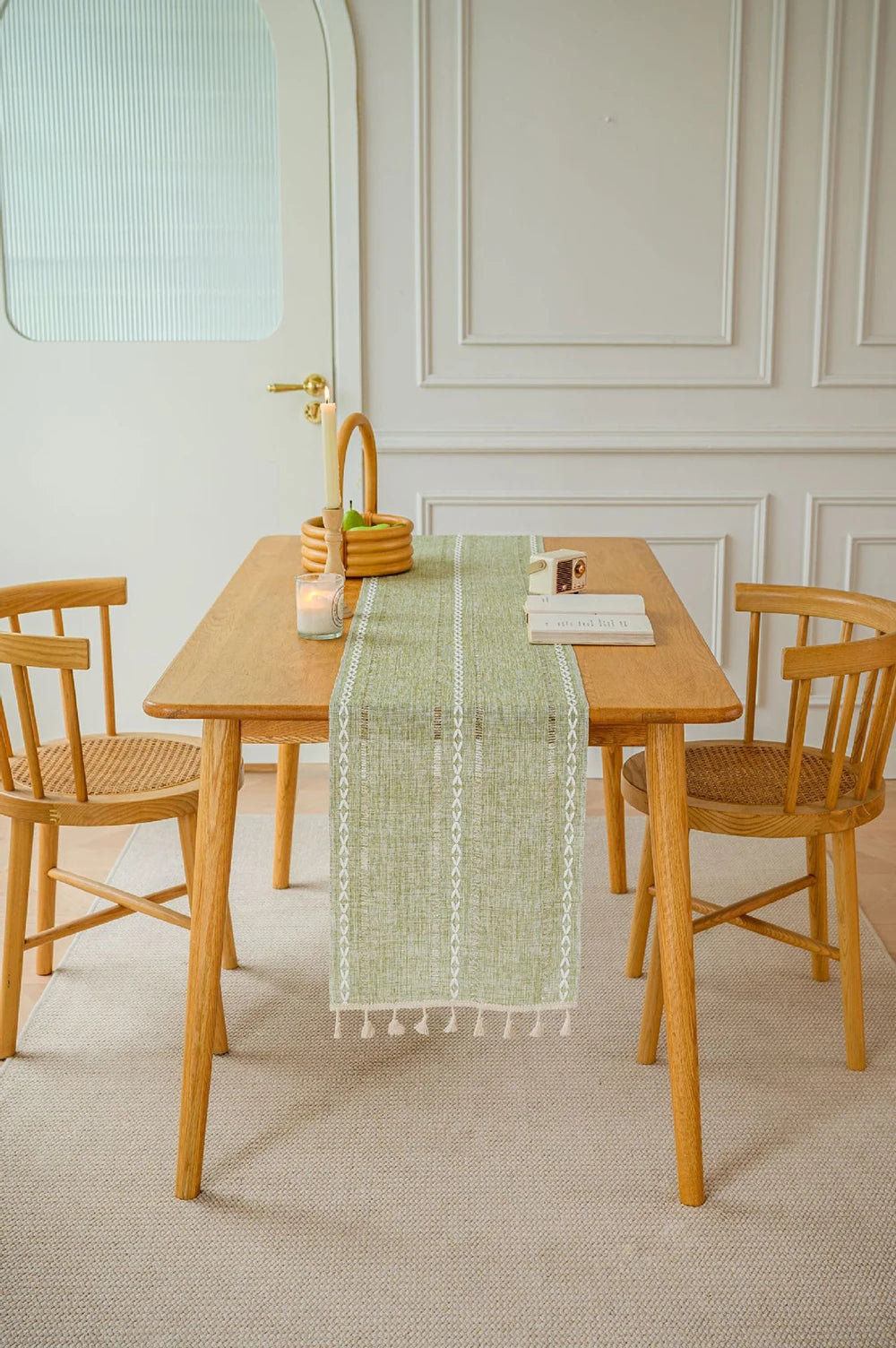 Boho Green Table Runner with Rustic Tassels - Smarsty