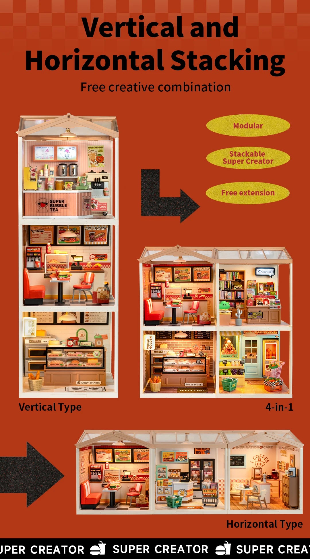 Robotime Rolife Super Creator Series Plastic Dollhouse Building Blocks for Kids Yum Burgers Leisurely Cheers Bar Sweet Sips Tea