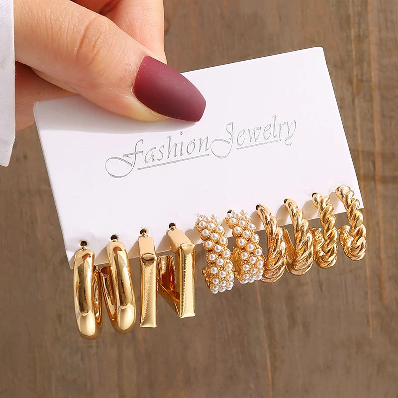 Gold Color Vintage Geometric Pearl Earrings Set For Women - Smarsty