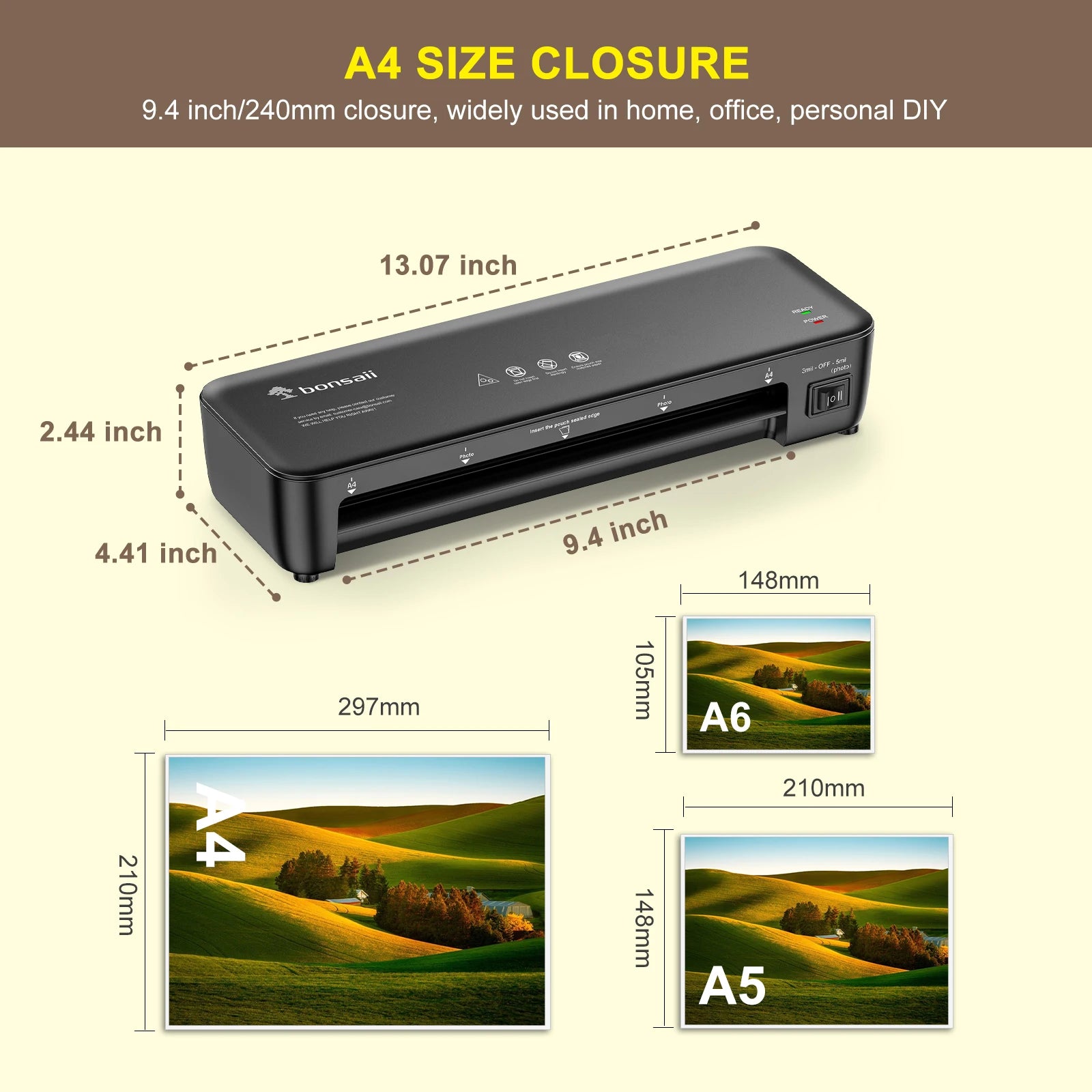 Bonsaii 9-Inch Thermal Laminator with Never Jam Tech for Docs, Posters, Photos - Simple & Convenient for Home, Office, School