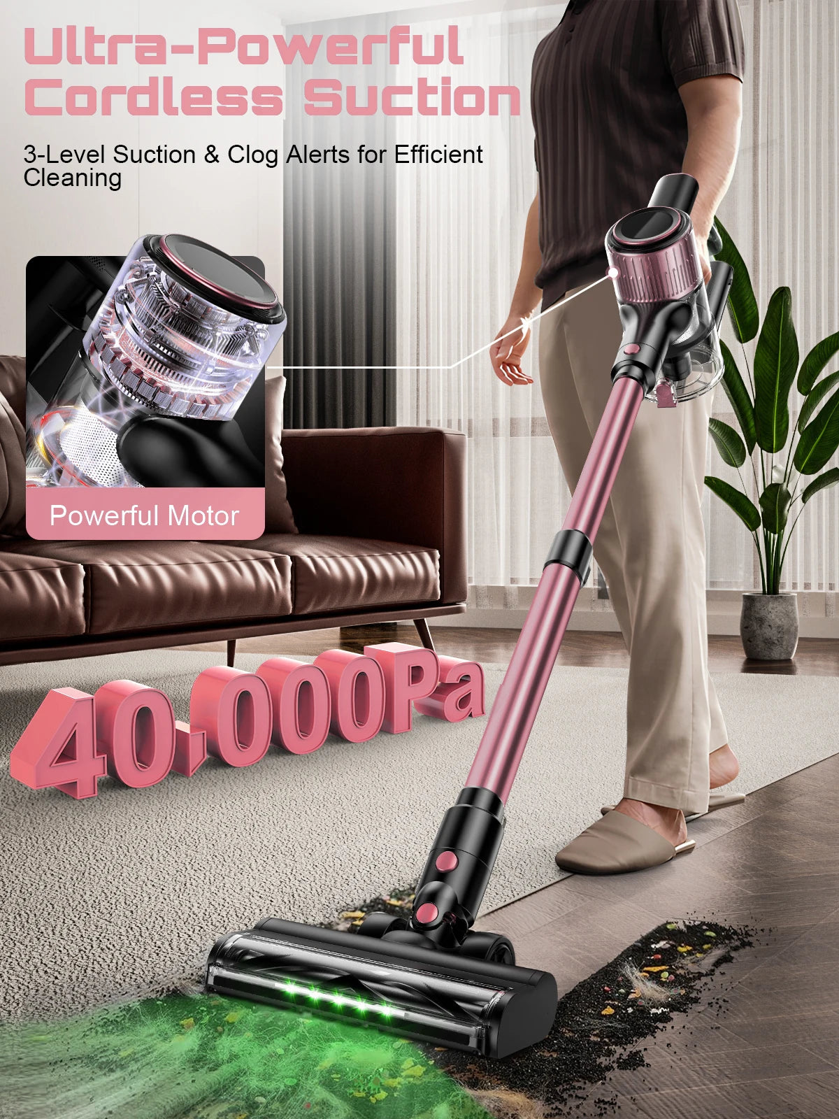 Cordless Vacuum Cleaner, 10 in 1 Stick Vacuum with 55Kpa Powerful Suction, Hose,Lightweight Rechargeable Vacuum Cleaner for Home