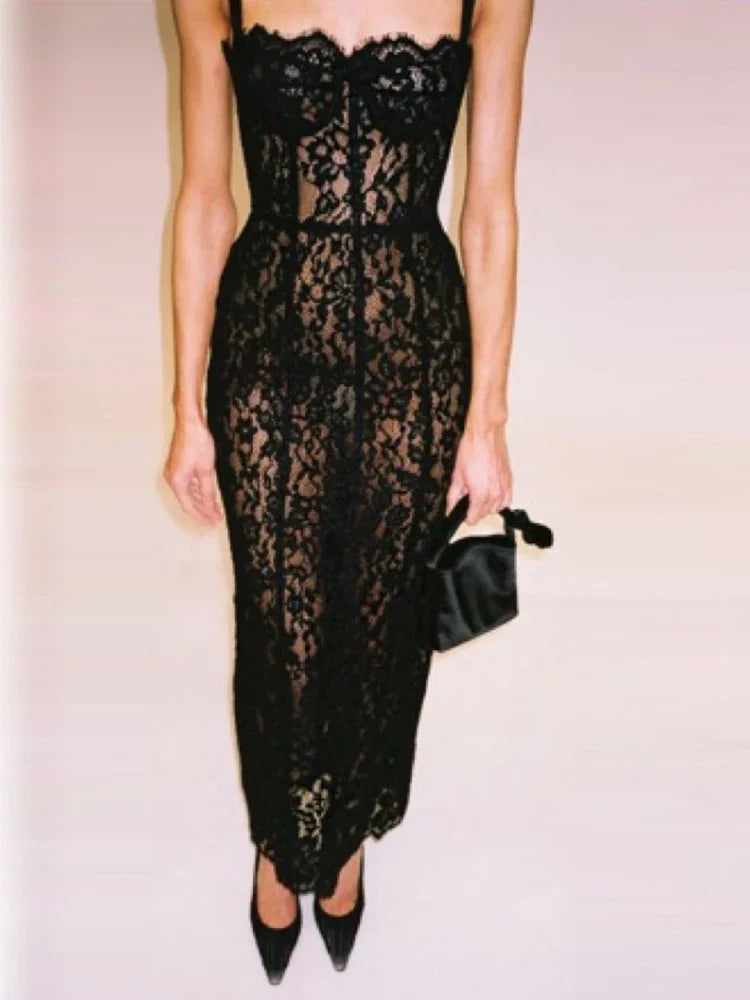 Sexy Spaghetti Strap Square Neck Lace Long Dress Women Black Floral Lace Sleeveless Bodycon Dresses Elegant Evening Celebrity