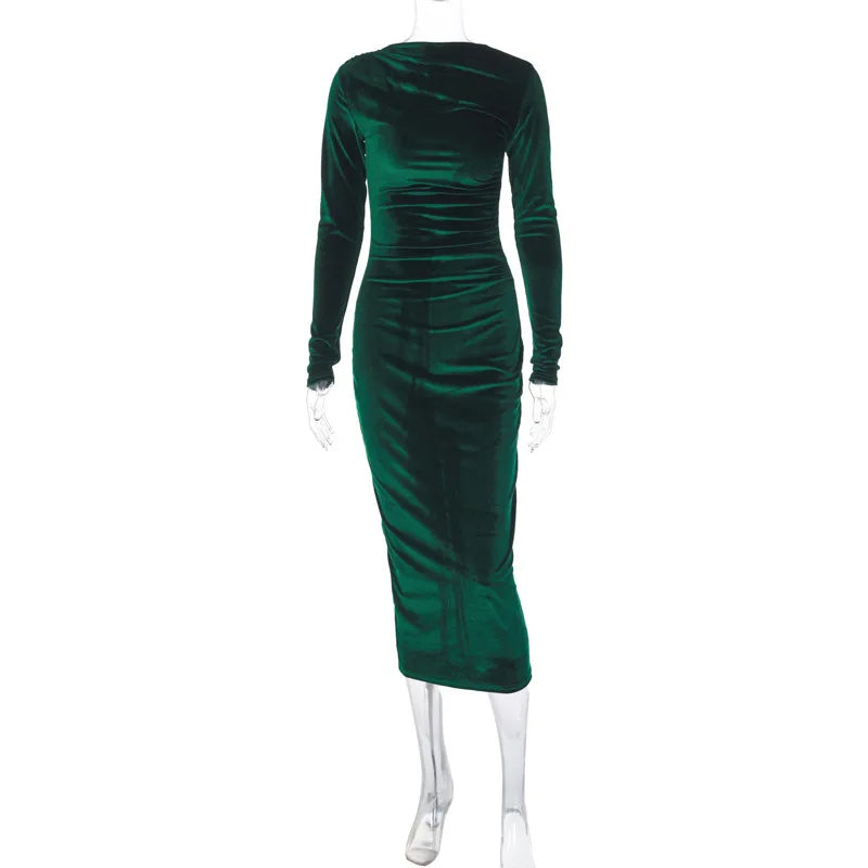 Dulzura 2024 Spring Summer Velvet Long Sleeve Midi Dress For Women Ruched Long Dress Elegant Party Clothes Evening Green Outfits - Smarsty