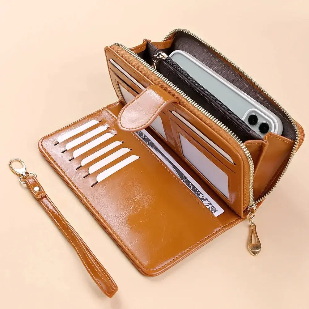 Women's Vintage Oil Wax PU Leather Clutch Wallet Female Large Capacity Phone Purse Ladies Wristband Simple Card Holder Pouch Bag - Smarsty