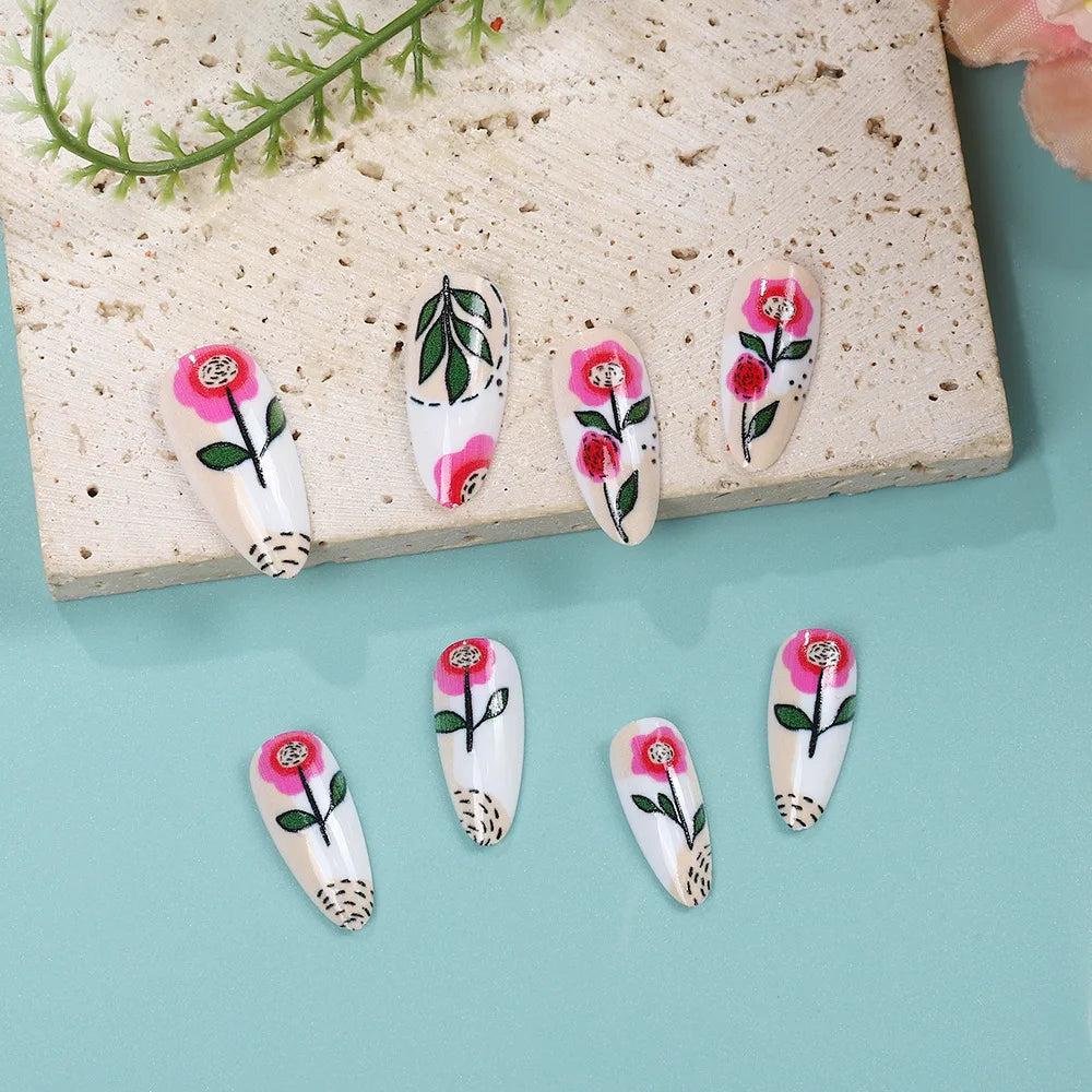 24 Piece Set Medium Long Press On Nails with Peach Flower Design - Smarsty