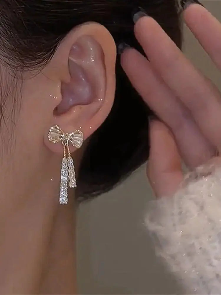Trendy Zircon Bow Earrings with Crystal Tassel for Women - Smarsty