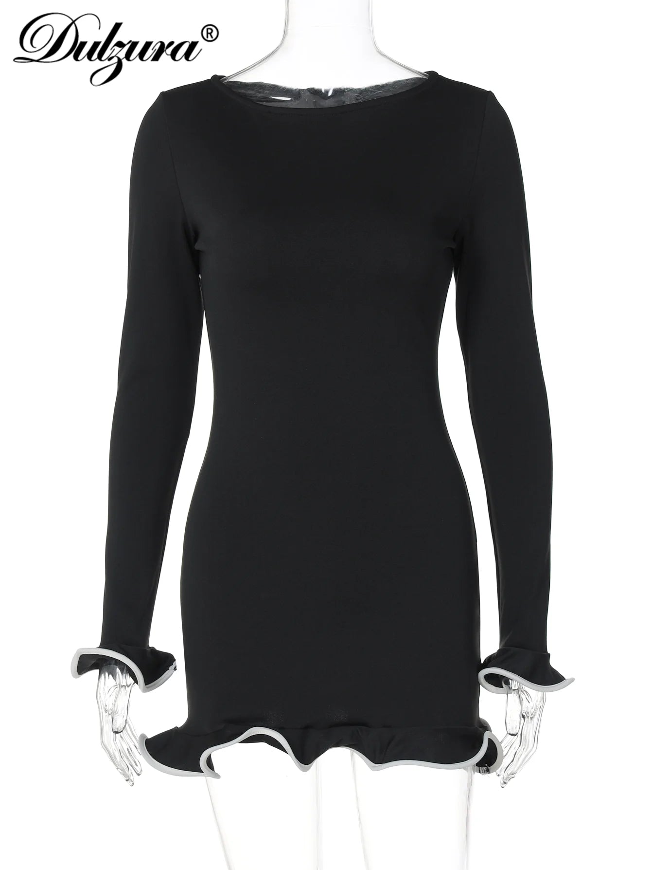 Dulzura O-Neck Long Sleeves Ruffles Patchwork Bodycon Mini Dress Sexy Elegant Outfit Party Club Streetwear Autumn Winter Clothes