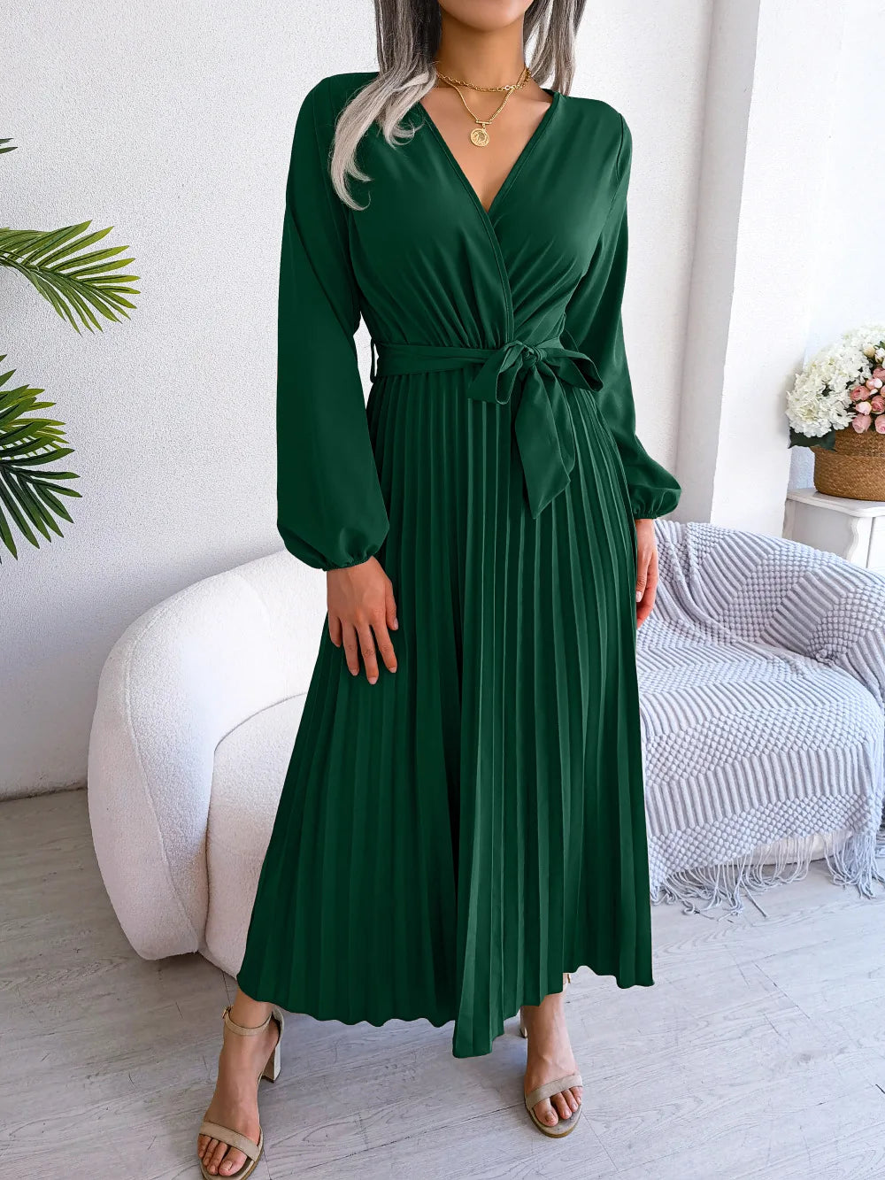 Women Elegant V Neck Long Sleeve Pleated Maxi Dress - Smarsty