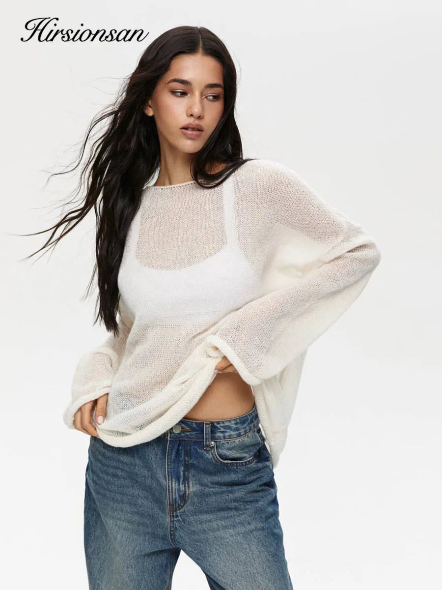 Hirsionsan Elegant Sweater Women 2024 Summer Autumn Casual Fashion Loose Women Pullovers Chic Pink White Jumper Sueter Mujer - Smarsty
