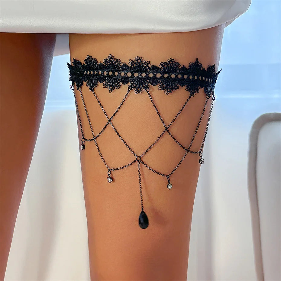 Boho Black Lace Thigh Chain Body Jewelry for Women - Smarsty