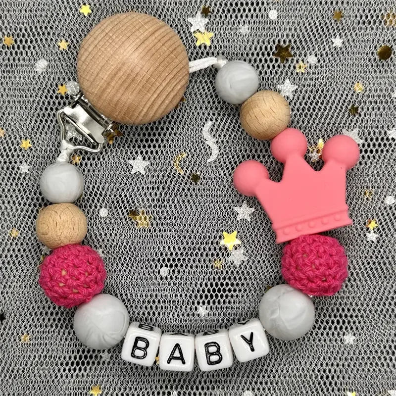 NEW Custom Personalized Name Pacifier Clip Handmade Beech Wooden Chain Silicone Crown Holder Soother Baby Teething Toy Chew Gift by Smarsty