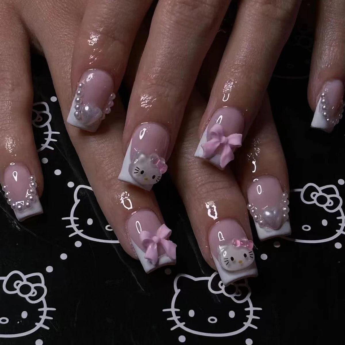 Cute Cartoon Cat Pink French Nail Set - Smarsty