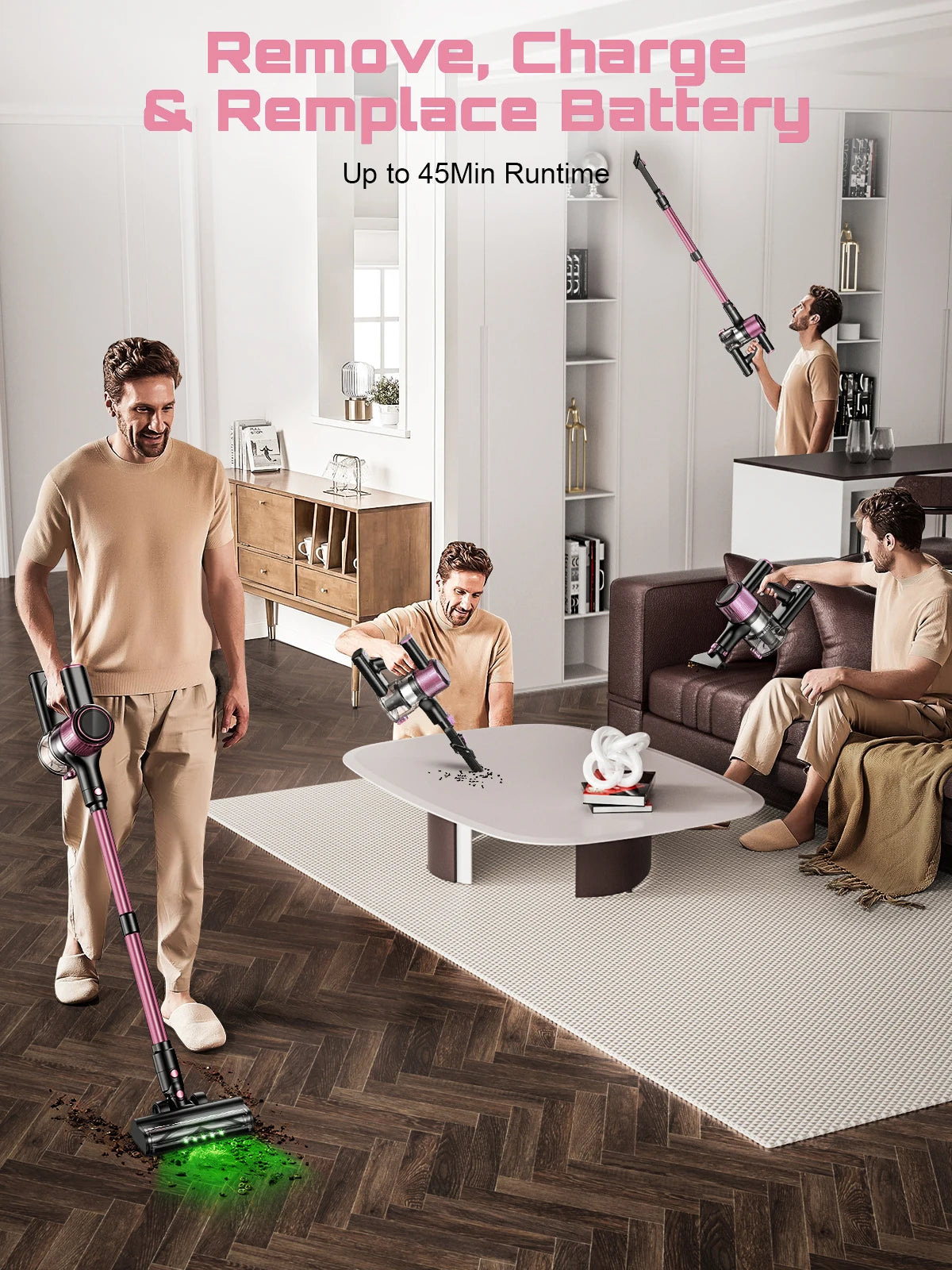 Cordless Vacuum Cleaner, 10 in 1 Stick Vacuum with 55Kpa Powerful Suction, Hose,Lightweight Rechargeable Vacuum Cleaner for Home