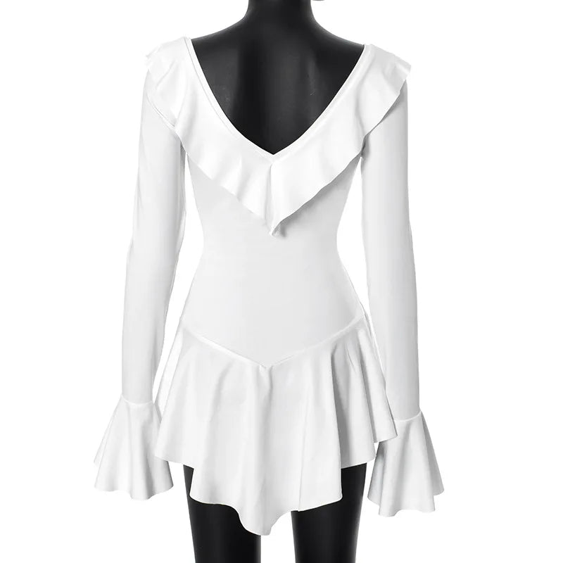 Tossy Ruffled Lace-Up White Mini Dress Women's V-Neck Patchwork Long Sleeve Sexy Slim Dress Bandage Elegant Female Summer Dress - Smarsty