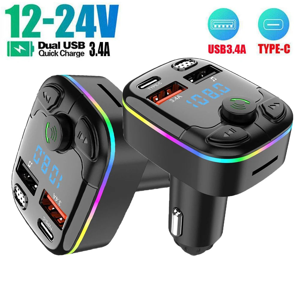 Bluetooth 5.0 Car FM Transmitter PD Type-C Dual USB Ambient Player Handsfree MP3 Charger Type-C Wireless Light PD QC3.0 Adapter - Smarsty