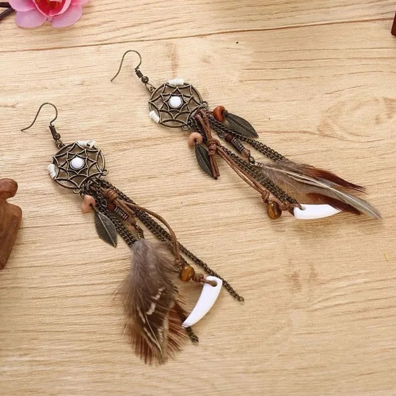 Boho Vintage Dream Catcher Earrings with Long Tassels for Women - Smarsty