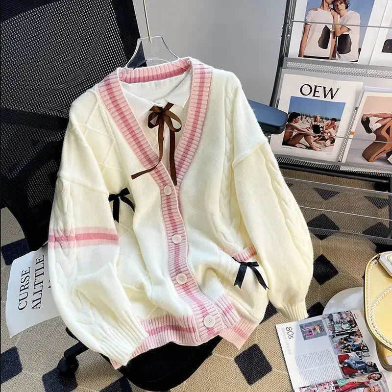 Deeptown Sweet Coquette Sweaters Cardigan Women Kawaii Bow Knitted Cardigan Japanese Preppy Style Lolita Knitwears JK Jumpers - Smarsty