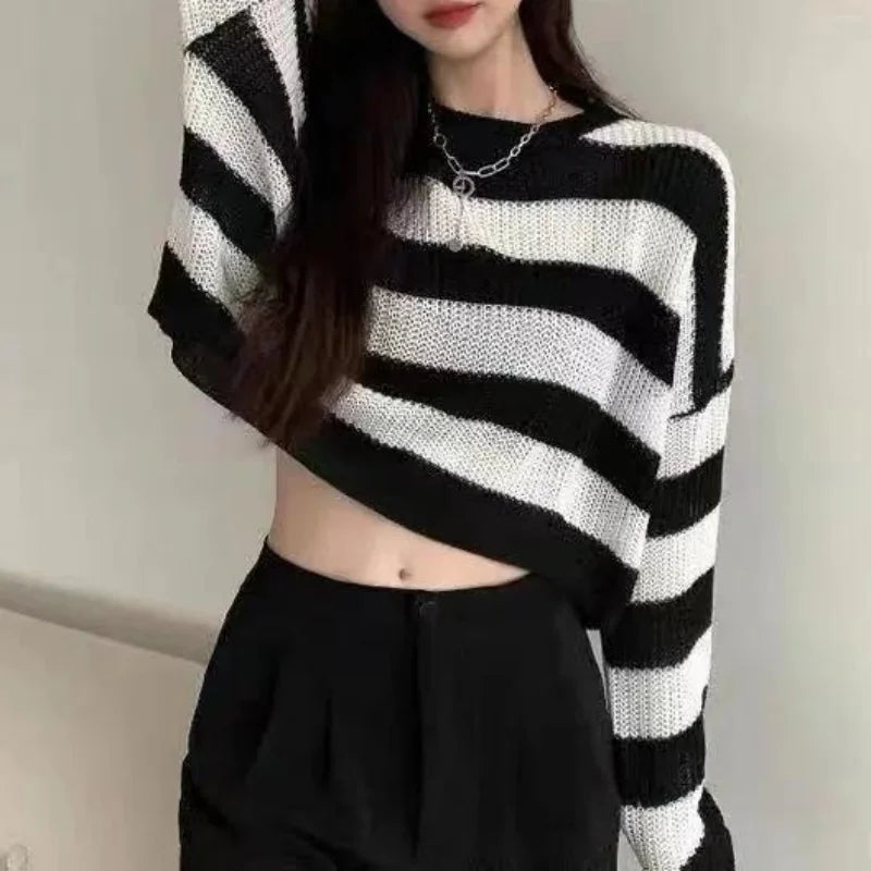 Korean Style Striped Cropped Sweater Women Vintage Oversize Knit Jumper Female Autumn Long Sleeve O-neck Pullovers Tops - Smarsty
