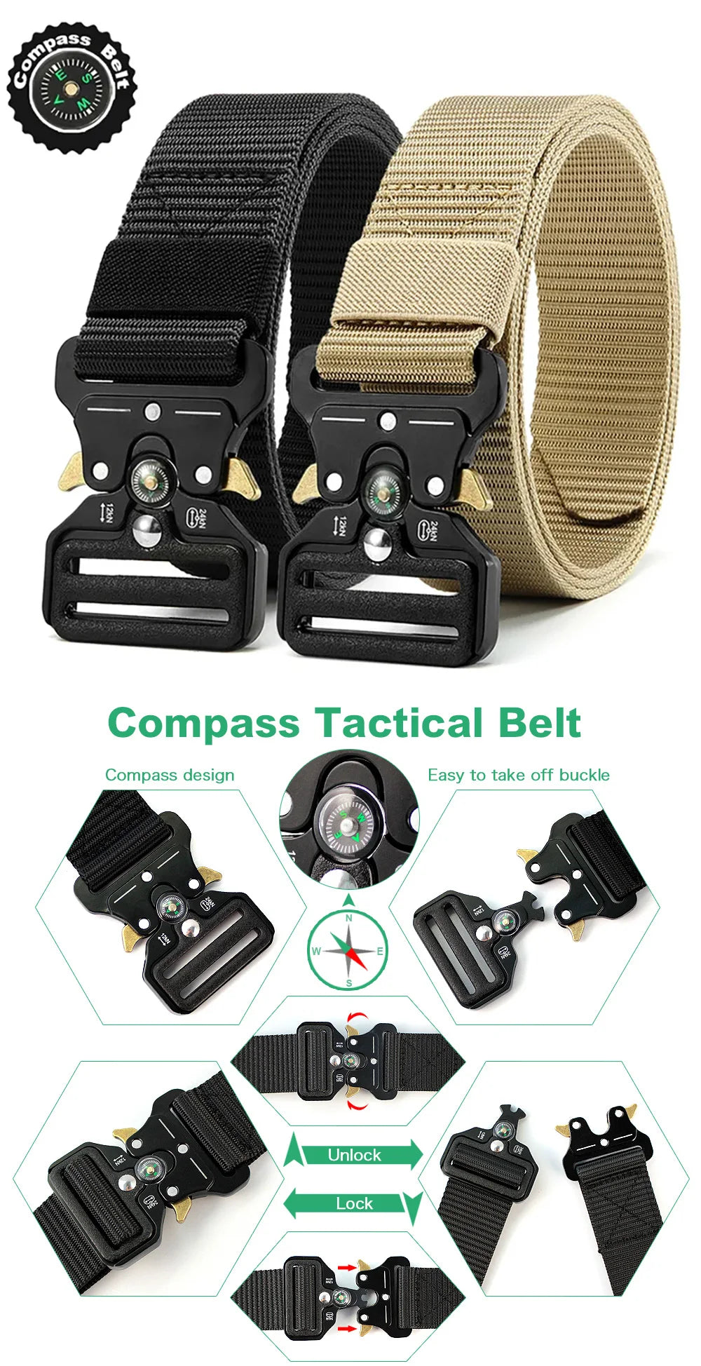 Men's Multi Function Tactical Canvas Belt with Compass - Smarsty