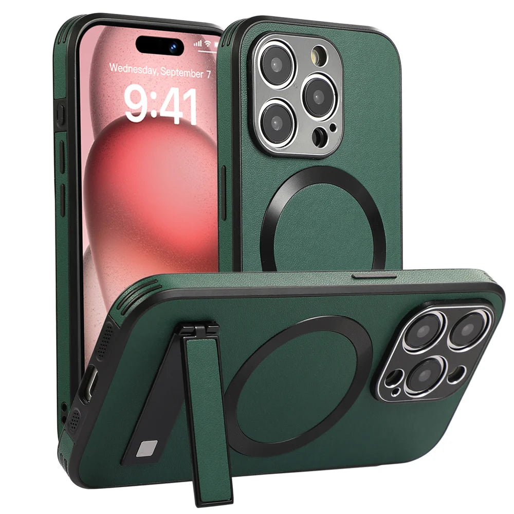 Luxury Magnetic Leather Stand Phone Case For iPhone 17 16 15 14 11 12 13 Pro Max Wireless Charging For Magsafe Shockproof Cover