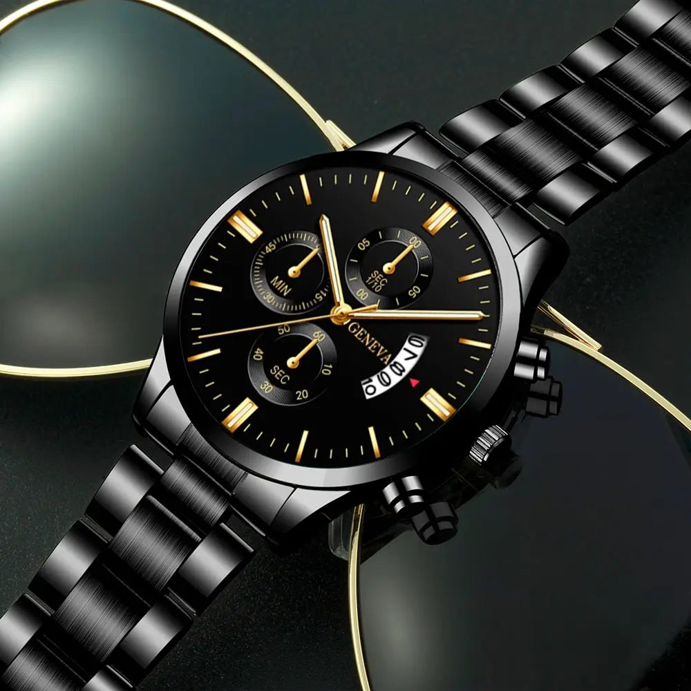 Luxury Black Stainless Steel Men's Watch with Calendar Feature - Smarsty